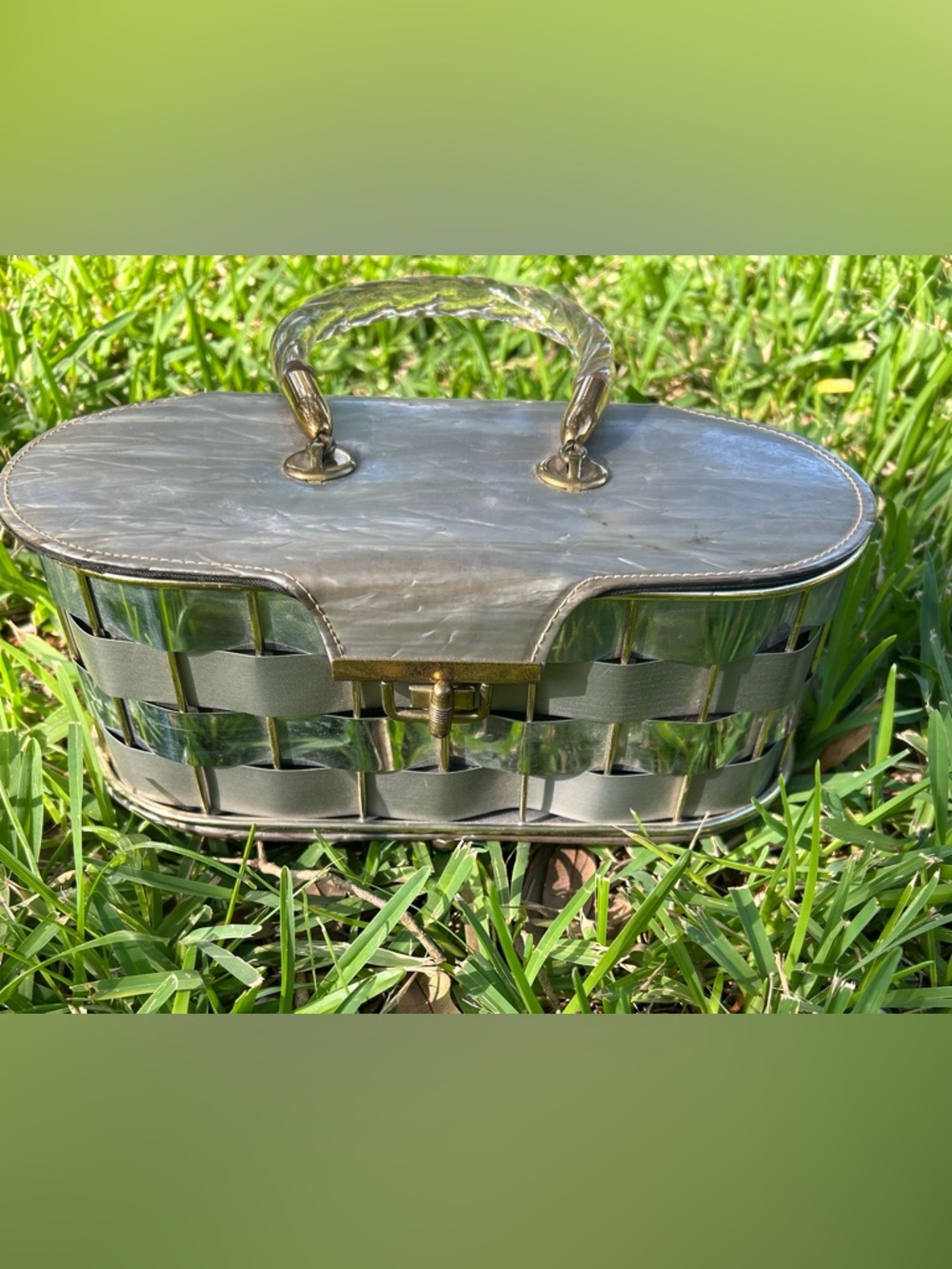 Rare 1950’s Woven Metallic Gray Top-Handle Women’s Bag